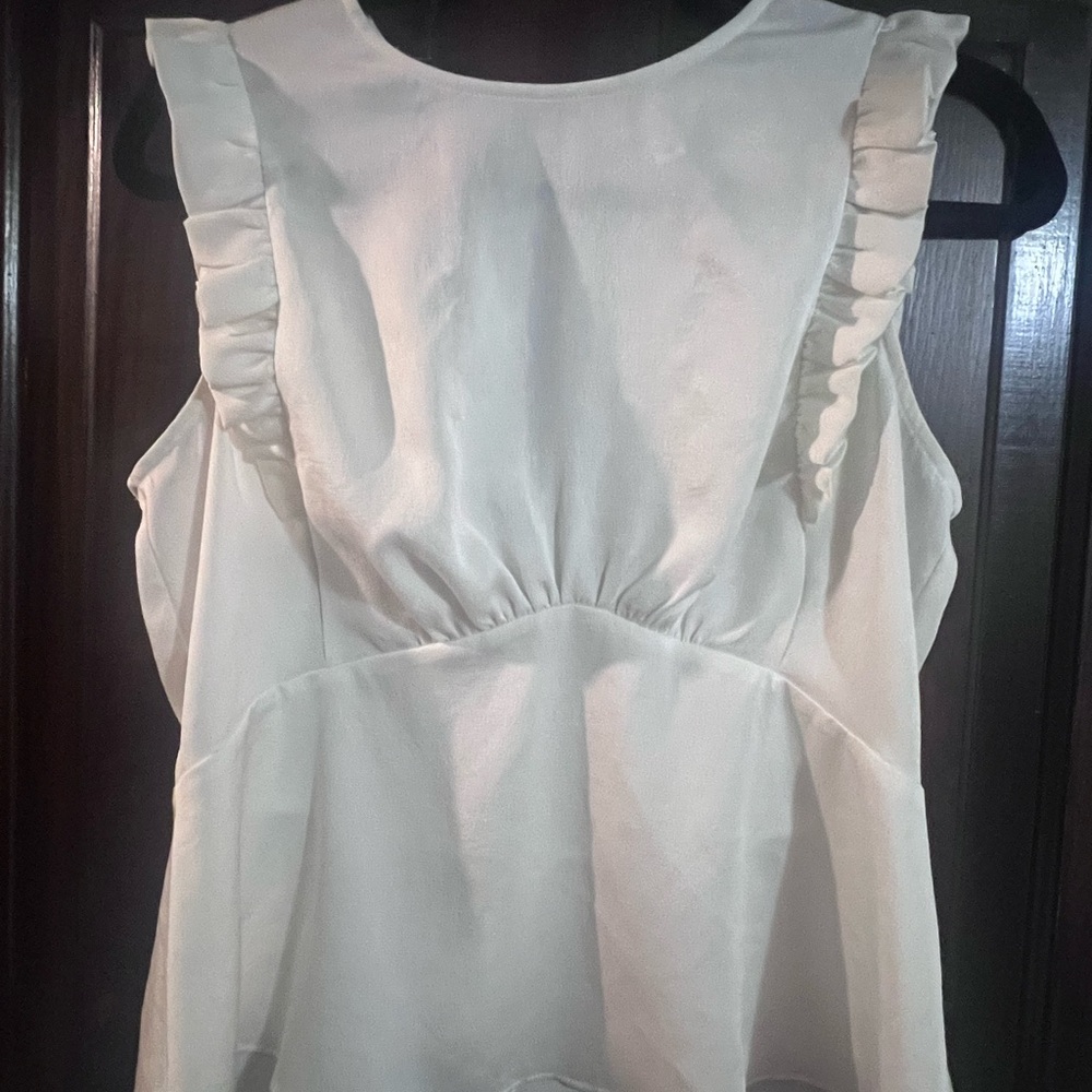 Express Cream Ruffle Accent Blouse Office Chic Business Casual Sexy Librarian